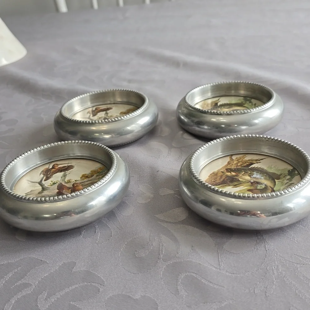 Vintage Set Of 4 Fred Sweney Coasters Birds Fish Metal Glass Barware Rustic